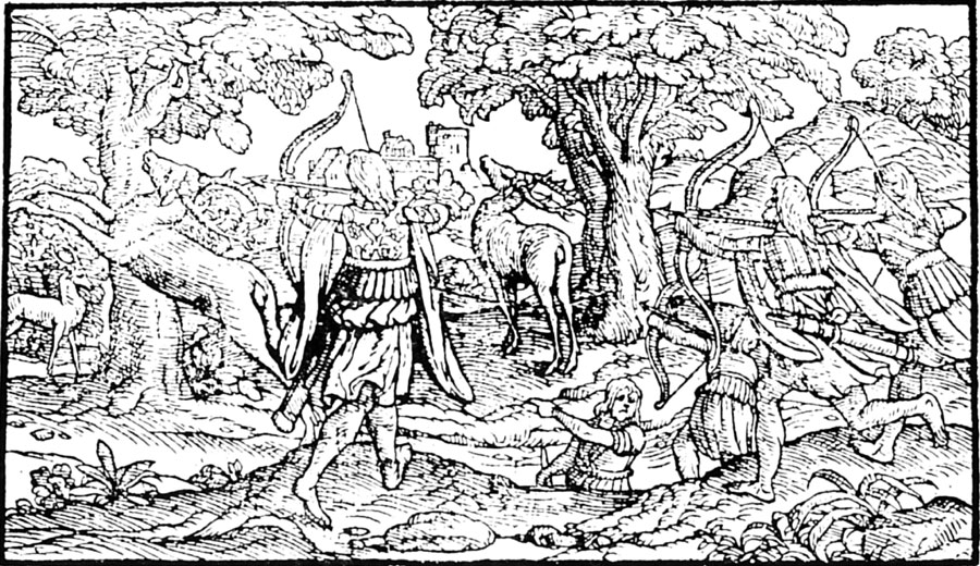 woodcut of Highland archers hunting deer, c.1577.